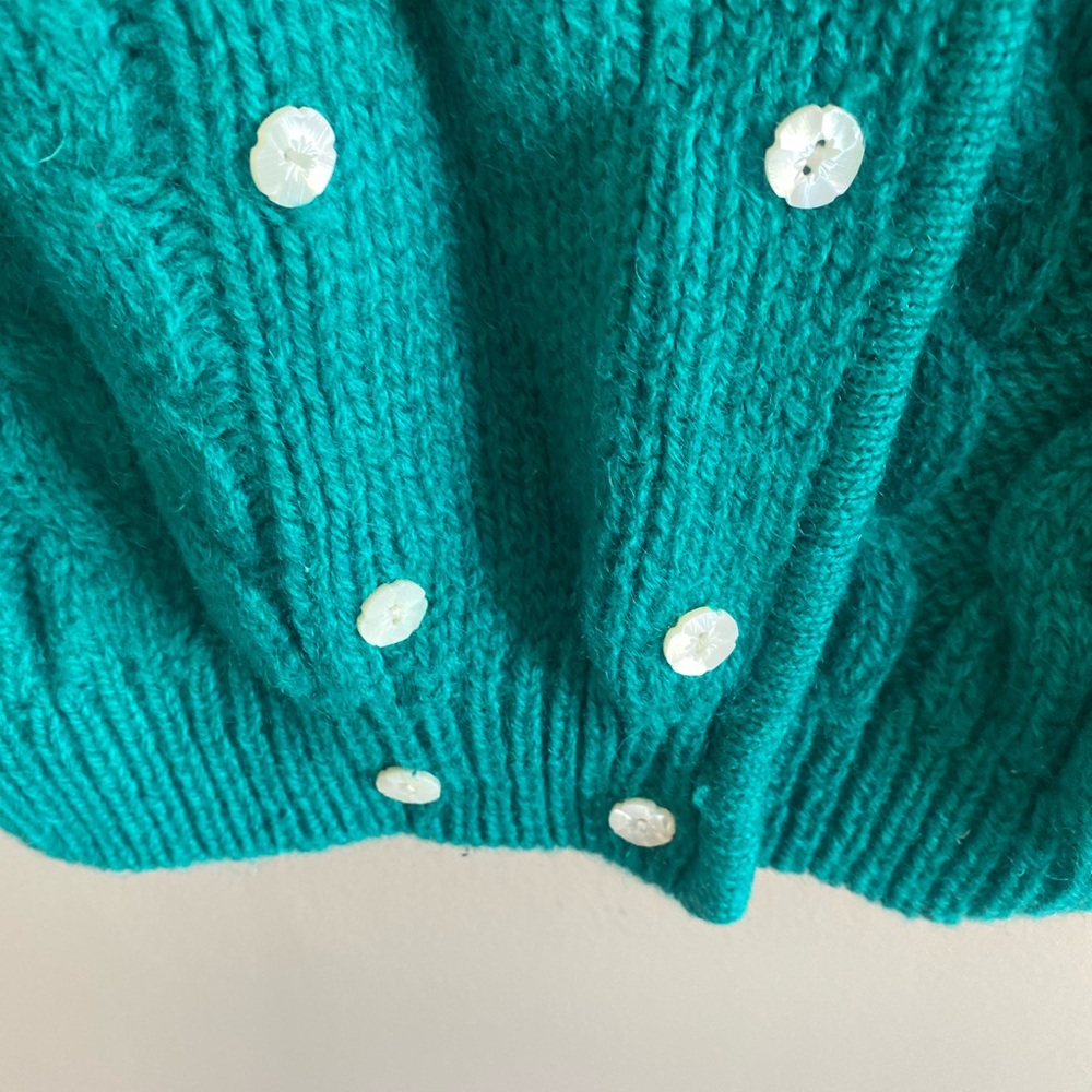 VTG 80s ROBERT SCOTT Women Green SHETLAND‎ WOOL DOUBLE BREASTED CARDIGAN Size 40 - Picture 6 of 11
